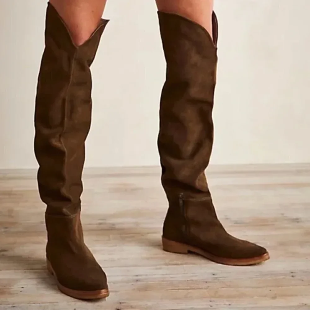 NEW Free People Khaki Green Suede Over The Knee Pointed Toe Boots
